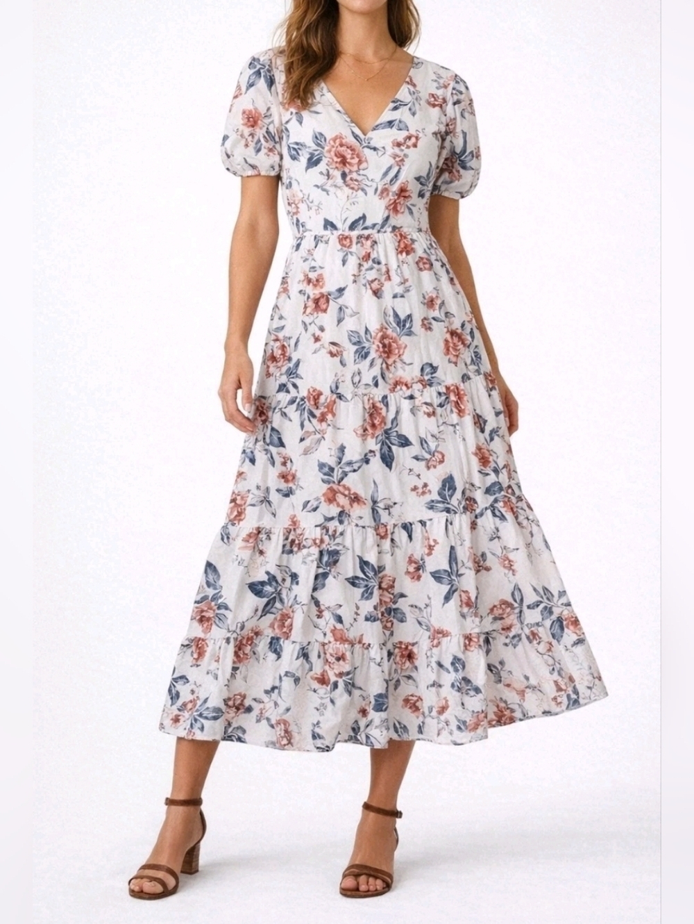 Lucky Brand Floral Tiered Midi Dress Puff Sleeve Cotton Blend Womens Size Small